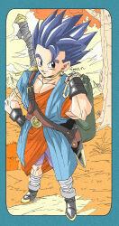1boy aqua_robe artist_name belt black_eyes black_gloves blue_hair brown_belt carrying choker dragon_quest dragon_quest_vi earrings faux_traditional_media fenyon full_body gloves gold_choker gold_earrings hand_on_own_hip hero_(dq6) highres hoop_earrings jewelry leg_wrap looking_at_viewer looking_to_the_side looking_up male_focus muscular muscular_male orange_background orange_tunic outdoors purple_shorts short_hair shorts single_bang smile solo spiked_hair sword sword_on_back toriyama_akira_(style) tunic weapon weapon_on_back