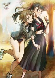 Rule 34 | 2girls, arm hug, bj (juusan kihei bouei ken), black hair, black sailor collar, black serafuku, black shirt, black skirt, blue buruma, blush, breasts, buruma, cleavage, crop top, delinquent, drink, drinking, drinking straw, grabbing another&#039;s arm, gym uniform, hair ornament, hairclip, highres, holding, holding another&#039;s arm, holding drink, hoshi mikan, jacket, juice, juice box, juusan kihei bouei ken, long hair, long skirt, midriff, minami natsuno, multiple girls, navel, neckerchief, pleated skirt, ponytail, red neckerchief, red ribbon, ribbon, robot, sailor collar, school uniform, school yard, serafuku, shirt, short hair, skirt, smile, stomach, sukeban, takamiya yuki, track jacket, white shirt