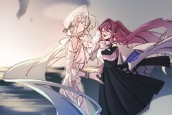 2girls artist_request baobhan_sith_(fate) baobhan_sith_(swimsuit_pretender)_(second_ascension)_(fate) braid closed_eyes commission dress fate/grand_order fate_(series) glasses hair_between_eyes highres long_hair morgan_le_fay_(fate) mother_and_daughter multiple_girls pink_hair pointy_ears second-party_source smile very_long_hair white_dress white_hair