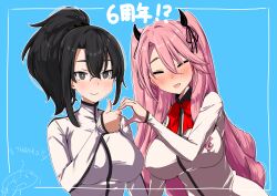 2girls absurdres andou_you bad_source black_eyes black_hair black_horns black_ribbon black_scrunchie blush bow bowtie breasts bright_pupils closed_eyes closed_mouth fang glasses hair_between_eyes hair_ornament hair_ribbon hair_scrunchie heart_hands_failure highres horns large_breasts long_hair multiple_girls open_mouth original pink_hair ponytail red_bow red_bowtie ribbon school_uniform scrunchie smile thumbs_up upper_body white_pupils