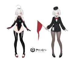 absurdres azur_lane bare_shoulders beret black_choker black_gloves black_hat black_one-piece_swimsuit black_shoes black_suit blue_eyes blush bow bowtie character_name choker collared_shirt elbow_gloves eyes_visible_through_hair formal_clothes gloves gluteal_fold groin hair_over_one_eye hat heterochromia highres k.t.cube logo long_sleeves looking_at_viewer official_alternate_costume one-piece_swimsuit pantyhose parted_lips red_bow red_bowtie red_eyes reference_sheet shirt shoes short_hair simple_background stirrup_legwear suit swimsuit toeless_legwear u-552_(azur_lane) u-552_(special_sightseeing_service)_(azur_lane) white_background white_hair white_shirt