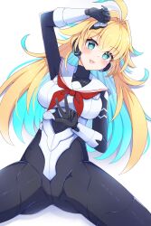 1girl absurdres ahoge android black_bodysuit blonde_hair blue_eyes blue_hair bodysuit breasts colored_inner_hair highres long_hair maruq_2826 multicolored_hair neckerchief ralmia_(shadowverse) red_neckerchief sailor_collar shadowverse simple_background solo star-shaped_pupils star_(symbol) symbol-shaped_pupils two-tone_hair white_background white_bodysuit white_sailor_collar