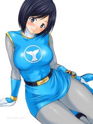 1girl abe_tsukumo black_hair blue_boots blue_dress blush bodysuit boots breasts commentary dress gloves grey_bodysuit grey_eyes helmet highres hurricane_blue lips looking_at_viewer ninja ninpuu_sentai_hurricanger nono_nanami short_hair sitting smile solo super_sentai tokusatsu twitter_username unworn_headwear unworn_helmet white_background
