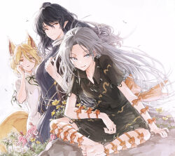 3girls animal_ears arm_ribbon barefoot black_hair black_shirt black_skirt blonde_hair blue_dress blue_eyes bow collared_shirt dress fangs feet fingernails flower fox_girl green_bow grey_hair hat highres himemushi_momoyo hisona_(suaritesumi) iizunamaru_megumu jewelry kudamaki_tsukasa leg_ribbon long_hair mandarin_collar multiple_girls orange_bow orange_eyes pointy_ears ribbon ring rock romper shirt short_hair sitting skirt skirt_set slit_pupils standing tail tokin_hat touhou unconnected_marketeers white_background white_romper yellow_eyes