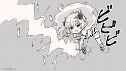 Rule 34 | 1girl, ^^^, animal ears, animal print, bare shoulders, blush, breasts, fur-trimmed shorts, fur trim, grey background, greyscale, hair ornament, highres, hololive, horns, lightning, lightning bolt, lightning bolt hair ornament, lightning bolt symbol, long hair, loose socks, medium breasts, monochrome, official art, open mouth, print shorts, print socks, rino cnc, sheep ears, sheep girl, sheep horns, shoes, short shorts, shorts, simple background, socks, solo, tiger print, tsunomaki watame, very long hair, virtual youtuber