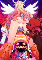1boy 2girls angel angel_wings aroused_nosebleed ass blood blush brief_(psg) censored freckles giant giantess glowing glowing_wings gun hair_over_eyes halo headphones highres light_censor meme multiple_girls no_panties nosebleed open_mouth orange_hair panty_&amp;_stocking_with_garterbelt panty_(psg) pointing purple_hair souredapple stocking_(psg) thigh_gap two_soyjaks_pointing_(meme) weapon wings