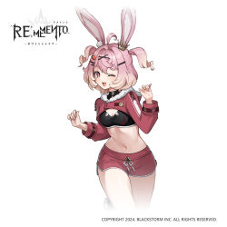+_+ 1girl ;d animal_ears black_shirt breasts carrot_hair_ornament cleavage_cutout clothing_cutout copyright_name copyright_notice cowboy_shot cropped_shirt food-themed_hair_ornament hair_ornament hands_up highres leg_up logo medium_breasts navel official_art one_eye_closed open_mouth pink_eyes rabbit_ears rabbit_girl ravi_(rememento) red_shorts red_shrug rememento:_white_shadow shirt short_shorts shorts smile solo two_side_up white_background x_hair_ornament