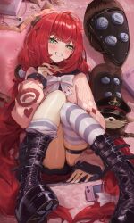 Rule 34 | 1girl, absurdres, animal, black boots, black choker, black sailor collar, boots, bow, cardigan, choker, commentary request, green eyes, grin, highres, knees up, long hair, looking at viewer, low twintails, nekoplanetouo, parted lips, pink cardigan, red hair, red skirt, sailor collar, school uniform, skirt, smile, solo, striped clothes, striped thighhighs, teeth, thigh strap, thighhighs, thighhighs pull, twintails, ukinami yuzuha, very long hair, white bow, zenless zone zero