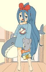1girl bare_shoulders barefoot blue_eyes blue_hair blue_shirt blush_stickers carrying carrying_under_arm collarbone commentary_request fukada_ichika full_body ghostbusters hair_ribbon hairband hand_puppet highres long_hair looking_at_viewer off_shoulder open_mouth original puppet red_hairband red_ribbon ribbon sharp_teeth shirt solo standing stuffed_animal stuffed_shark stuffed_toy teeth very_long_hair wooden_floor yukimoto_shuuji_(gurigura)