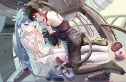 Rule 34 | 2boys, 2girls, absurdres, ass, bare shoulders, black hair, blue eyes, blue hair, blush, dress, finger to mouth, gradient eyes, highres, indoors, kneeling, long hair, looking at another, multicolored eyes, multiple boys, multiple girls, no legwear, no panties, no shoes, no socks, off-shoulder shirt, off shoulder, one eye closed, pink eyes, purple eyes, shirt, shoes, short dress, shushing, sitting, unworn shoes, white dress, xi yang yang, yuri