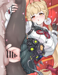 1boy 1girl :o absurdres alice_thymefield animal_ears bar_censor black_skirt blonde_hair blush breasts censored commentary daram_(shappydude) fingerless_gloves gloves hand_on_own_leg hetero heterochromia highres indoors large_breasts large_variant_set long_hair orange_eyes pantyhose penis pleated_skirt red_eyes revision sex shirt skirt split standing standing_on_one_leg standing_sex standing_split sweat torn_clothes torn_pantyhose vaginal variant_set white_shirt zenless_zone_zero
