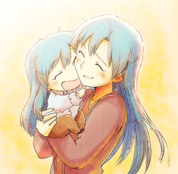 2girls aged_down blue_hair carrying child_carry closed_eyes dual_persona idolmaster idolmaster_(classic) jacket kisaragi_chihaya long_hair long_sleeves multiple_girls open_mouth pants shirt smile tsubobot upper_body