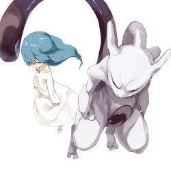1girl ambertwo_(pokemon) blue_eyes blue_hair bow bowtie dress gen_1_pokemon legendary_pokemon long_hair mewtwo nintendo nyora_(soredemosekai) pokemon pokemon:_the_first_movie_-_mewtwo_strikes_back pokemon_(anime) pokemon_(classic_anime) pokemon_(creature) shoes tail white_dress