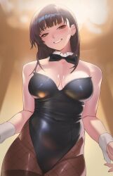 1girl absurdres black_bow black_bowtie black_hair black_leotard black_pantyhose bow bowtie breasts brown_eyes commentary_request detached_collar fishnet_pantyhose fishnets highres leotard long_hair medium_breasts original pantyhose parted_bangs pokoporoko smile solo strapless strapless_leotard thighband_pantyhose wrist_cuffs