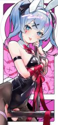 1girl absurdres animal_ears arm_strap black_leotard black_ribbon blue_eyes blue_hair bow bowtie breasts cameltoe clothing_cutout collar colored_inner_hair cuffs detached_collar fake_animal_ears hair_ribbon hairband handcuffs hatsune_miku heart heart_cutout heart_in_eye highres leotard long_hair masada_mode multicolored_hair pantyhose pink_bow pink_bowtie pink_hair pink_ribbon pole rabbit_ears rabbit_hole_(vocaloid) ribbon solo strapless strapless_leotard stripper_pole sweat symbol_in_eye teardrop_facial_mark thigh_strap tongue torn_clothes torn_pantyhose white_collar white_hairband