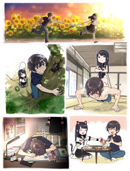 1boy 1girl animal_ear_hairband animal_ears beetle behind_another black_hair black_leotard black_skirt book book_stack bowl breast_cutout brown_hair bug bug_hunting butterfly_net calendar_(object) cat_ear_hairband cat_ears cat_tail chabudai_(table) chain chain_leash chasing chopsticks climbing_tree collage collar crossed_arms denim energy_drink exercising fake_animal_ears fake_tail field flower flower_field food fusuma hairband hand_net highres holding holding_bowl holding_chopsticks holding_leash holding_net holding_pencil holding_taser indian_style indoors insect ito_fumi jeans leash leotard long_hair miso_soup montage natsu_no_kusari okuno_shinji outdoors palms_together pants pencil pleated_skirt push-ups rice running school_uniform seiza serafuku shirai_mitsuki shirt short_sleeves sitting sitting_on_person skirt sleeping sleeping_on_desk sleeveless sliding_doors spilling sunflower sunflower_field sunset sweat table tail taser tatami very_sweaty white_shirt