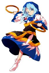 1girl alphes_(style) arm_up blue_eyes blue_hair blue_hood clenched_hands closed_mouth commentary_request dairi dress full_body hands_up holding holding_hoop hood hood_up hoop jewelry kesa kumoi_ichirin large_variant_set long_hair long_sleeves looking_at_viewer multicolored_dress necklace parody pendant socks solo standing style_parody tachi-e touhou transparent_background variant_set wide_sleeves