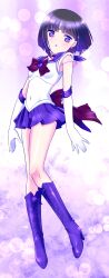 Rule 34 | 1girl, absurdres, back bow, bishoujo senshi sailor moon, black hair, blue boots, blue choker, blue sailor collar, blue skirt, boots, bow, bright pupils, choker, circlet, covered navel, earrings, elbow gloves, full body, gloves, heart, high heel boots, high heels, highres, himehachi (hime8manga), jewelry, knee boots, lace-up boots, magical girl, miniskirt, open mouth, planet earrings, pleated skirt, purple eyes, red bow, sailor collar, sailor saturn, sailor senshi uniform, shirt, short hair, skirt, sleeveless, sleeveless shirt, solo, star (symbol), star choker, super sailor saturn, tomoe hotaru, white gloves, white pupils, white shirt
