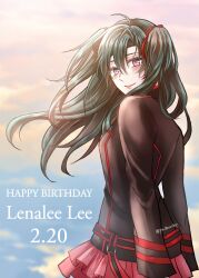 1girl arms_behind_back belt black_order_uniform blue_sky blush brown_coat cloud coat d.gray-man floating_hair green_hair hair_ribbon happy_birthday highres lenalee_lee long_hair looking_at_viewer military military_uniform miniskirt pleated_skirt purple_eyes red_ribbon red_skirt red_straps ribbon skirt sky smile solo striped_coat sunrise two_side_up yu_chocochip