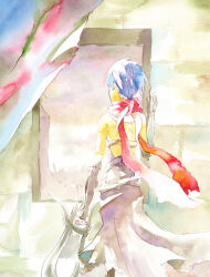 1girl assassin_(ragnarok_online) back backless_dress backless_outfit blue_hair curtains dagger dress from_behind holding holding_dagger holding_knife holding_weapon indoors jamadhar knife looking_afar purple_dress ragnarok_online red_scarf sansaro scarf short_hair solo weapon window