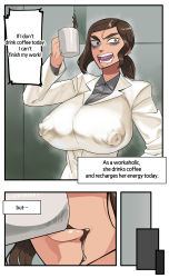 absurdres bags_under_eyes breasts coffee coffee_mug covered_erect_nipples cup highres hotsaurus huge_breasts implied_drugging inside_job mug reagan_ridley