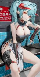 1girl absurdres aqua_hair bare_shoulders black_dress breasts china_dress chinese_clothes cleavage closed_mouth commission detached_sleeves dress elbow_rest grey_dress halterneck highres horns large_breasts long_hair looking_at_viewer nyatabe on_bench orange_eyes original pelvic_curtain pointy_ears pouch red_horns side-tie_dress side_slit skeb_commission sleeveless sleeveless_dress sleeves_past_wrists slit_pupils smile solo thigh_pouch twintails two-tone_dress