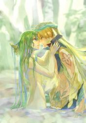 1boy 1other androgynous arabian_clothes blonde_hair cropped_vest earrings econemereasso enkidu_(fate) face-to-face fate/grand_order fate_(series) gilgamesh gilgamesh_(caster)_(fate) gilgamesh_(fate) green_hair hair_between_eyes head_chain highres jewelry kingu_(fate) long_hair open_mouth other_with_male purple_eyes red_eyes short_hair tattoo topless_other turban vest wading water wet wet_hair