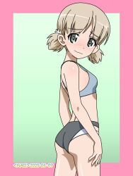 1girl aki_(girls_und_panzer) ass bad_source bikini blonde_hair blush breasts closed_mouth dated girls_und_panzer green_background green_eyes highres keizoku_school_uniform looking_at_viewer naotosi school_uniform short_hair signature simple_background small_breasts solo swimsuit twintails wavy_mouth