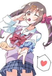 1girl black_hair blue_scrunchie bow bowtie bracelet brown_eyes candy chupa_chups commentary cowboy_shot drill_hair food gyaru gyaru_v hair_bow hair_ornament hairclip haru_(konomi_150) heart heart_necklace highres jewelry kogal lollipop long_sleeves looking_at_viewer miniskirt multicolored_hair necklace official_alternate_costume one_eye_closed onii-chan_wa_oshimai! oyama_mihari plaid_clothes plaid_skirt purple_hair purple_sweater_vest red_bow red_bowtie scrunchie shirt simple_background skirt sleeves_rolled_up solo spoken_heart striped_bow striped_bowtie striped_clothes sweater_vest twin_drills twintails two-tone_hair v white_background white_shirt wrist_scrunchie