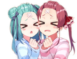 &gt;_&lt; 2girls bandaid bandaid_on_face bandaid_on_forehead bangs_pinned_back black_ribbon blush blush_stickers closed_eyes facing_viewer fang finger_heart forehead hair_bun hair_ribbon heterochromia hololive hood hoodie houshou_marine loungewear multiple_girls nuzzle oshiruko_(oshiruco_212048) red_eyes red_hair ribbon single_hair_bun smile twintails uruha_rushia virtual_youtuber yellow_eyes
