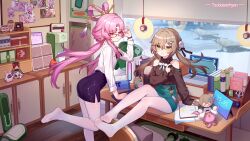 Rule 34 | 2girls, bangboo (zenless zone zero), blue skirt, brown hair, brown sweater, bulletin board, character doll, desk, diting (honkai: star rail), doll, fu xuan (honkai: star rail), glasses, green eyes, highres, honkai: star rail, honkai (series), indoors, long hair, multiple girls, no shoes, on desk, pantyhose, pink hair, pom-pom (honkai: star rail), purple skirt, qingque (honkai: star rail), revision, shirt, sitting, skirt, smile, standing, standing on one leg, sweater, tsubasa tsubasa, twintails, very long hair, white pantyhose, white shirt