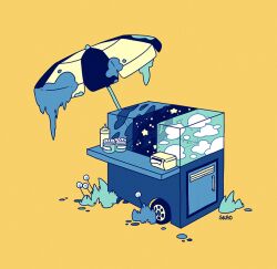 blue_clouds blue_sky blue_umbrella box cloud cloudy_sky dandelion day flower food_stand green_sky limited_palette mellific moss napkin napkin_holder night night_sky no_humans original overgrown pepper_shaker salt_shaker sauce simple_background sky star_(sky) two-tone_umbrella umbrella wheel yellow_background yellow_umbrella