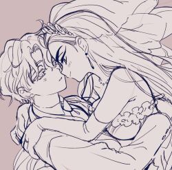 1boy 1girl alien_stage bridal_veil commentary couple dress earrings elbow_gloves formal_clothes gloves hetero hug hyuna_(alien_stage) jewelry light_blush long_hair looking_at_another lubya luka_(alien_stage) monochrome necktie ring short_hair sketch smile strapless strapless_dress suit tassel tassel_earrings thick_eyebrows upper_body veil wedding_dress wedding_ring