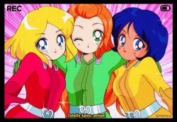 1990s_(style) ;o alex_(totally_spies) animification artist_name bad_id bad_twitter_id battery_indicator belt belt_buckle bishoujo_senshi_sailor_moon black_border blonde_hair blue_eyes blue_hair bob_cut bodysuit border buckle closed_mouth clover_(totally_spies) commentary dark-skinned_female dark_skin emphasis_lines english_commentary english_text faux_retro_artstyle film_grain gloves green_bodysuit green_eyes green_gloves grey_belt group_hug hand_on_another&#039;s_shoulder heart heart-shaped_buckle honeymoonpetal hug light_blush lipstick long_hair long_sleeves makeup one_eye_closed orange_hair parody parted_lips pink_background pink_lips recording red_bodysuit red_gloves red_lips retro_artstyle sam_(totally_spies) short_hair smile sparkle style_parody tareme totally_spies very_long_hair watermark yellow_bodysuit yellow_gloves
