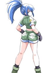 Rule 34 | 1girl, back, black gloves, blue eyes, blue hair, from behind, gloves, green jacket, high ponytail, highres, ikaringo (ikaringo4444), jacket, leona heidern, looking back, midriff, military, military uniform, ponytail, shorts, solo, the king of fighters, the king of fighters xv