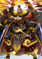Rule 34 | 1boy, animal print, architecture, armor, black hat, blank eyes, brown gloves, chinese clothes, closed mouth, clothing request, dark-skinned male, dark skin, east asian architecture, facial tattoo, fate/grand order, fate (series), feet out of frame, forehead protector, fur-trimmed gloves, fur collar, fur trim, gloves, glowing, glowing hair, hat, legs apart, lu bu (fate), male focus, muscular, muscular male, official art, outdoors, red hair, solo, standing, tattoo, third-party source, tiger print, variant set, wada arco