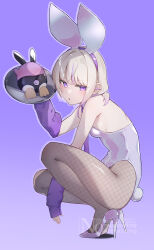 1girl :o absurdres animal_ear_hairband animal_ears banpen_(todoroki_hajime) breasts detached_sleeves fake_animal_ears fishnet_pantyhose fishnets full_body hairband high_heels highres holding holding_tray hololive inuinuo_gataken leotard looking_at_viewer pantyhose playboy_bunny purple_background purple_eyes rabbit_ear_hairband rabbit_ears rabbit_tail simple_background small_breasts solo squatting tail todoroki_hajime tray virtual_youtuber white_hair