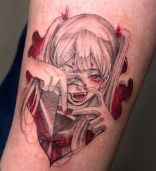 1girl black_sailor_collar blood blush dala_tattooer double-parted_bangs ear_piercing earrings eyepatch fangs hands_up heart heart_hands jewelry long_hair multiple_earrings nail_polish neckerchief open_mouth original photo_(medium) piercing red_eyes red_nails red_neckerchief sailor_collar smile solo tattoo tattoo_(medium) twintails unconventional_media vampire