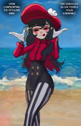 :p basedbinkie beanie black_eyes black_hair black_pants blurry blush depth_of_field english_text gloves hat highres long_eyelashes mama_mimey_(basedbinkie) messy_hair mime multicolored_hair ocean original pants pom_pom_(clothes) pom_pom_beanie red_hair red_vest sand speech_bubble squinting striped_leggings thought_bubble tongue tongue_out two-tone_hair vest white_facepaint white_gloves