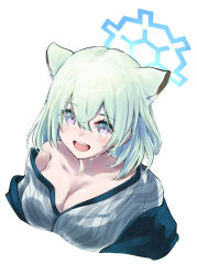 1girl :d absurdres animal_ears bath_yukata blue_archive blue_halo blush breasts cleavage commentary cropped_torso extra_ears green_hat grey_kimono hair_between_eyes halo happy hat highres japanese_clothes kimono kokage_yugure large_breasts looking_at_viewer medium_hair open_mouth pink_eyes shigure_(blue_archive) shigure_(hot_spring)_(blue_archive) simple_background single_bare_shoulder smile solo sparkling_eyes straight_hair teeth upper_body upper_teeth_only weasel_ears weasel_girl wet white_background yukata