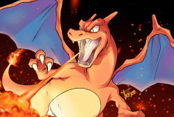 animal_focus breath_weapon breathing_fire charizard claws commentary_request creatures_(company) embers fangs federico_freschi fire flame-tipped_tail game_freak gen_1_pokemon gradient_background looking_ahead nintendo no_humans nostrils open_mouth pokemon pokemon_(creature) signature solo