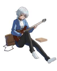 1girl absurdres bang_dream! bang_dream!_it&#039;s_mygo!!!!! bespectacled black_pants blue_cardigan blue_eyes cardigan commentary_request electric_guitar glasses guitar heterochromia highres holding holding_guitar holding_instrument instrument kaname_raana no_shoes pants shirt short_hair simple_background sitting socks solo unique_(pixiv12704744) white_background white_hair white_shirt white_socks