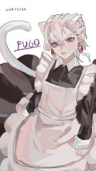 1boy albino alternate_costume animal_ears apron cat_boy cat_ears cat_tail crossdressing earrings eyelashes food-themed_earrings food_themed_earrings highres jewelry jojo_no_kimyou_na_bouken long_sleeves maid maid_apron male_focus pannacotta_fugo purple_eyes strawberry_earrings tail trap user_hyrs5478 vento_aureo white_hair