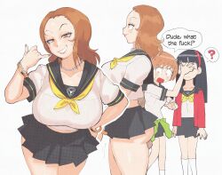3girls ? alternate_costume amagi_yukiko ass black_hair black_sailor_collar black_skirt blunt_bangs blunt_ends bob_cut bracelet breasts brown_eyes brown_hair cardigan clothes_around_waist covering_another&#039;s_eyes cowboy_shot crop_top cropped_shirt english_text gold_bracelet grin hairband half-closed_eyes hand_on_own_hip hand_over_another&#039;s_eyes hands_on_another&#039;s_face highres inkerton-kun jacket jacket_around_waist jewelry kashiwagi_noriko kneehighs large_breasts light_blush lipstick long_hair makeup medium_hair microskirt miniskirt multiple_bracelets multiple_girls neckerchief necklace pearl_bracelet pearl_necklace persona persona_4 pleated_skirt red_cardigan red_hairband sailor_collar satonaka_chie school_uniform shaka_sign shirt short_hair short_sleeves skirt smile socks solo_focus speech_bubble spoken_question_mark surprised white_shirt white_socks wide-eyed yasogami_school_uniform yellow_neckerchief