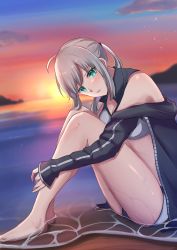 1girl ahoge artoria_pendragon_(fate) artoria_pendragon_(swimsuit_archer)_(fate) artoria_pendragon_(swimsuit_archer)_(second_ascension)_(fate) bare_legs bare_shoulders barefoot beach bikini breasts dusk eyebrows_hidden_by_hair fate/grand_order fate_(series) from_side gray_(fate) green_eyes grey_hair hands_on_own_knees hands_on_own_legs highres jacket long_hair looking_at_viewer lord_el-melloi_ii_case_files ocean open_clothes open_mouth ponytail reflection sii_artatm sitting solo swimsuit wet
