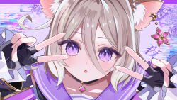 1girl absurdres animal_ear_piercing animal_ears asa_going black_gloves blush brown_hair commentary_request double_v fingerless_gloves gloves highres jewelry looking_at_viewer necklace neo-porte open_mouth purple_eyes purple_sailor_collar sailor_collar solo v virtual_youtuber yozuna_niu