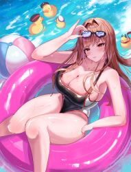 1girl absurdres ball beachball black_one-piece_swimsuit blush breasts brown_hair chu.n cleavage collarbone curvy eyewear_on_head goddess_of_victory:_nikke goggles goggles_on_head hair_intakes highres innertube large_breasts long_hair official_alternate_costume one-piece_swimsuit parted_lips rapi_(classic_vacation)_(nikke) rapi_(nikke) red_eyes rubber_duck solo swim_ring swimsuit thighs very_long_hair water wet