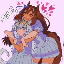 Rule 34 | 2girls, ahoge, andulcesilly, animal ears, blue eyes, blush, bow, braid, breasts, brown hair, closed eyes, closed mouth, ear bow, ear ornament, grey hair, grey tail, hair between eyes, hair ornament, hairband, heart, highres, horse ears, horse girl, horse tail, hug, long hair, multicolored hair, multiple girls, oguri cap (umamusume), open mouth, purple serafuku, purple shirt, purple skirt, sailor collar, sailor shirt, school uniform, serafuku, shirt, skirt, smile, streaked hair, super creek (umamusume), tail, thighhighs, tracen school uniform, umamusume, very long hair, white hair, white shirt, white skirt, white thighhighs