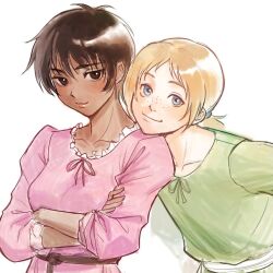 Rule 34 | 1boy, 1girl, berserk, blonde hair, blue eyes, brown eyes, brown hair, casca (berserk), crossed arms, green shirt, head on another&#039;s shoulder, head rest, judeau (berserk), looking at viewer, neck ribbon, pink shirt, qaiiri, ribbon, shirt, short hair, simple background, smile, upper body, white background