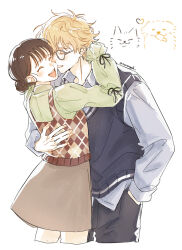 Rule 34 | 1boy, 1girl, adam&#039;s apple, animalization, arm around waist, arms around neck, bespectacled, black cat, black pants, black sweater vest, blonde hair, blunt bangs, brown hair, brown skirt, brown sweater vest, casual, cat, collared shirt, commentary, couple, cropped legs, dog, dress pants, dress shirt, english commentary, face-to-face, facing viewer, fingernails, frilled sleeves, frills, glasses, golden retriever, green shirt, grey shirt, hair behind ear, hair bun, hand in pocket, happy, heart, hetero, highres, hug, iwakura mitsumi, laughing, light blush, light smile, long sleeves, messy hair, miniskirt, mutual hug, nuzzle, official alternate costume, official alternate hairstyle, open mouth, pants, parted lips, person and animalization, plaid clothes, plaid sweater vest, profile, puffy long sleeves, puffy sleeves, sarangoh, shima sousuke, shirt, simple background, single hair bun, single horizontal stripe, single vertical stripe, skip to loafer, skirt, sleeve cuffs, sleeve ribbon, sweater vest, teeth, twitter username, upper teeth only, white-framed eyewear, white background, wing collar, wispy bangs